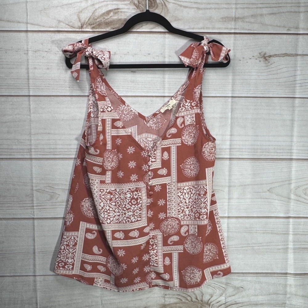 Entro Rust Orange Paisley Patchwork Tie Shoulder Tank Top V-Neck Blouse Boho